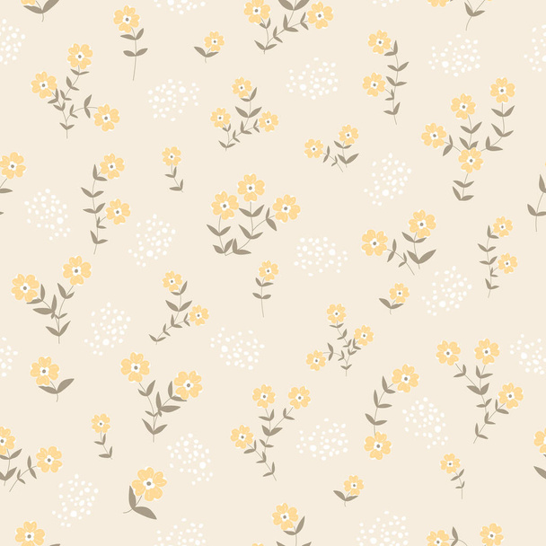 Płynny wzór dekoracyjny z małymi żółtymi kwiatkami. Druk na tekstylia, tapety, pokrywy, powierzchnie. Stylizacja retro. - Wektor, obraz