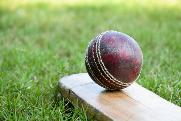 An old red leather cricket ball on bat for training and practising on grass floor beside the court, soft and selective focus on red cricket ball. - Valokuva, kuva