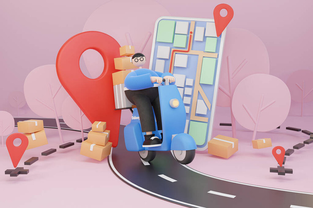 3D cartoon of a mobile phone showing GPS, delivery location isolate from the pink background, GPS maps.- 3D illustration - 写真・画像
