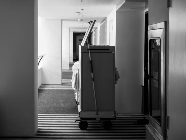 Hotel cleaner cart. Maid trolley on the hallway near the fire extinguisher, rescue station in a luxury hotel with nobody, black and white photography style - Fotoğraf, Görsel