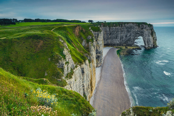 Resimli yüksek kayalıkları ve yeşil alanları olan inanılmaz deniz manzarası, Etretat, Normandiya, Fransa, Avrupa - Fotoğraf, Görsel