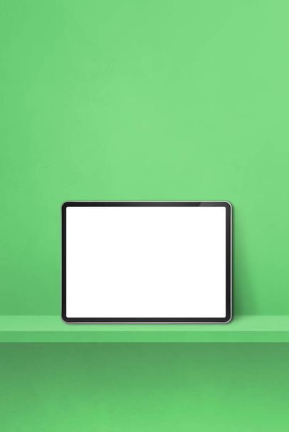 Digital tablet pc on green wall shelf. Vertical background banner. 3D Illustration - Fotografie, Obrázek