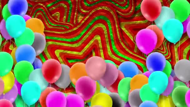 Kleurrijke ballonnen zwaaien continu in de wind tegen een kleurrijke achtergrond. - Video