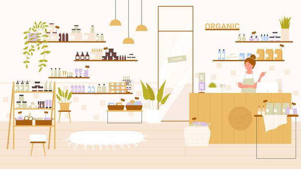 Loja de cosméticos ou loja de departamento de beleza com cuidados com a pele e maquiagem eco produtos nas prateleiras - Vetor, Imagem