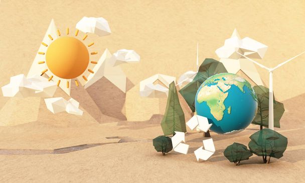 Green earth recycle concept Earth day surrounded by globes, trees, clouds, low poly and sun with windmills on a brown cardboard paper background with rivers. realistic cartoon 3d rendering - Photo, Image