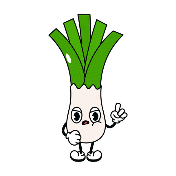 Cute angry sad leek character. Vector hand drawn traditional cartoon vintage, retro, kawaii character illustration icon. Isolated on white background. Angry leek character concept - Vektör, Görsel
