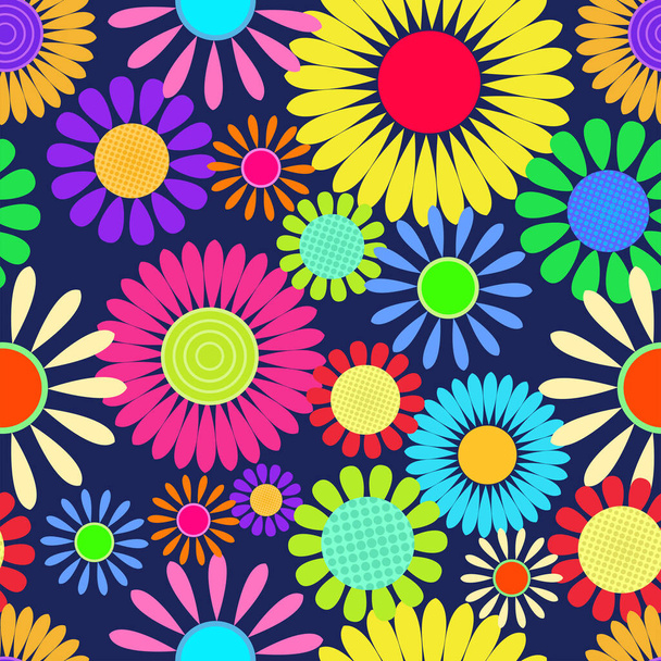 A bright and bold floral daisy flower pattern, designed in a retro sixties art style. - Vector, Image