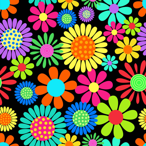 A bright and bold floral daisy flower pattern, designed in a retro sixties art style. - Vektör, Görsel