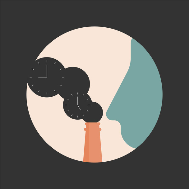 Teollinen savupiippu päästävät mustaa savua kellon symboli kikka ihmiset hengittävät saastunutta ilmaa. Ilmansaasteet liittyvät käsitteeseen. Vektori kuva ääriviivat tasainen muotoilu tyyli. - Vektori, kuva