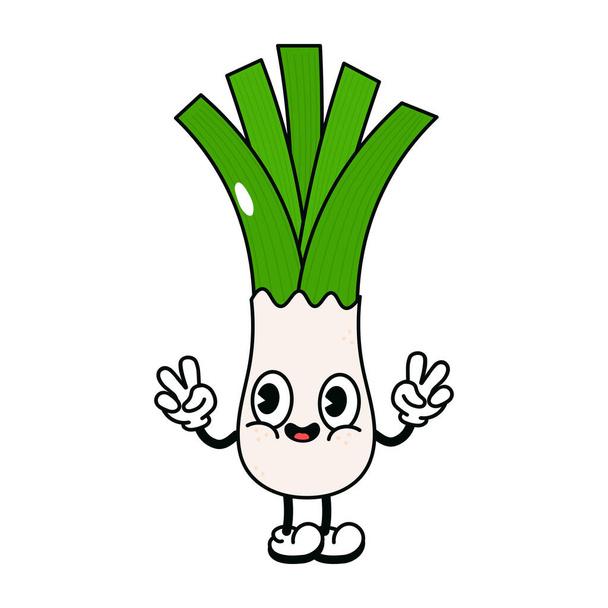 Cute funny leek waving hand character. Vector hand drawn traditional cartoon vintage, retro, kawaii character illustration icon. Isolated on white background. Leek character concept - Vector, Imagen