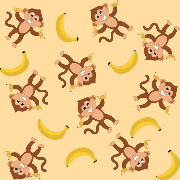 Decorative pattern with young smiling monkeys holding bananas on yellow color background - Vector, Imagen