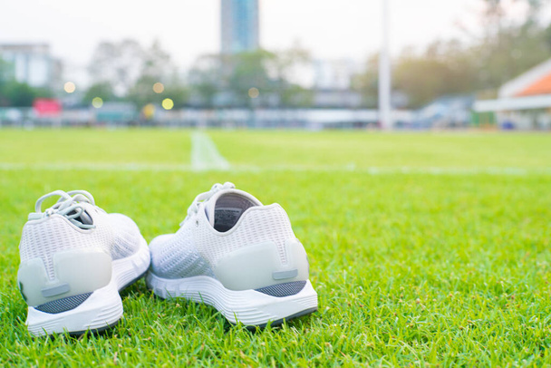 緑のサッカー草のフィールドスポーツオブジェクト上の白いランニングシューズ - 写真・画像