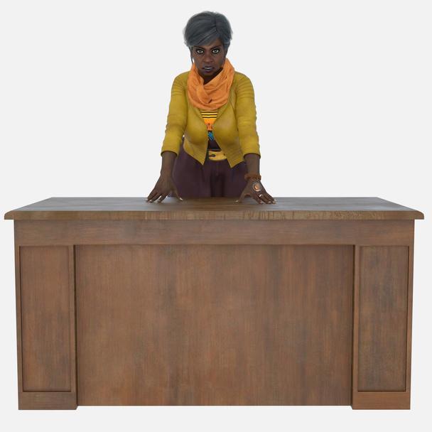 Full body portrait of Agatha, a beautiful older woman with graying hair leaning on a desk like a teacher on isolated white background. Agatha is a 3D illustrated character model render wearing a long brown dress with a colorful yellow leather jacket. - Фото, изображение