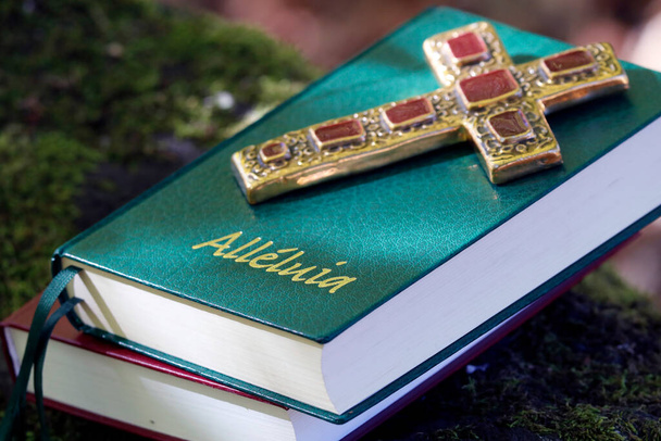 Christian cross on alleluia, a protestant Praise and Worship Songbook.   France.  - 写真・画像