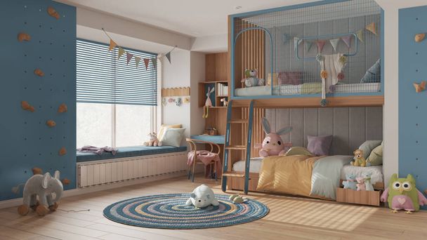 Modern children bedroom with bunk bed in blue pastel tones, parquet floor, big window with bench and blinds, desk, carpet with toys, beds with pillows and duvet. Interior design - Fotoğraf, Görsel