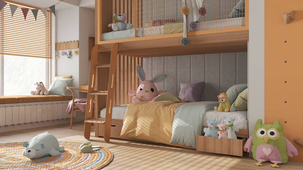 Дерев'яна сучасна дитяча спальня з двоярусними ліжками в помаранчевих і пастельних тонах, паркетна підлога, велике вікно з лавкою і жалюзі, стіл, килим з іграшками, подушками, ковдрами. Затишний дизайн інтер'єру
 - Фото, зображення