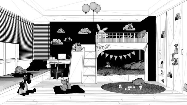 Проект чертежа, современная деревянная детская спальня с двухъярусной кроватью, паркетный пол, большое окно с диваном, письменный стол со стулом, шкаф, ковер, игрушки и декоры. Дизайн интерьера - Фото, изображение