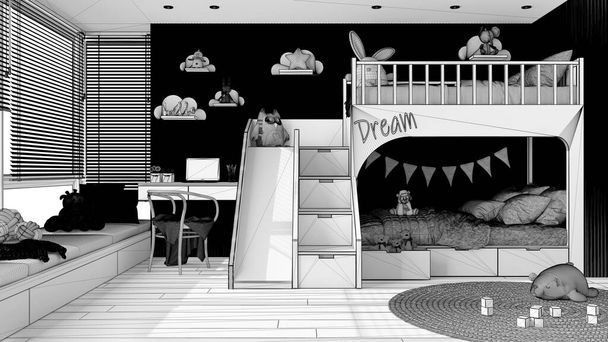 Незакінчений проект, затишна дитяча спальня з двоярусною ліжком, паркетною підлогою, великим вікном з венеціанськими шторами, диваном, столом зі стільцем, килимом, іграшками та декорами. Концепція дизайну інтер'єру
 - Фото, зображення