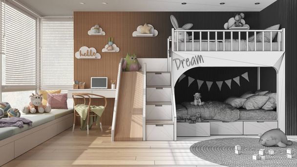 Koncepcja architekta wnętrz: ręcznie rysowany projekt, który staje się realny, sypialnia dla dzieci z łóżkiem piętrowym, parkiet, okno, sofa, biurko i krzesło, dywan i zabawki - Zdjęcie, obraz
