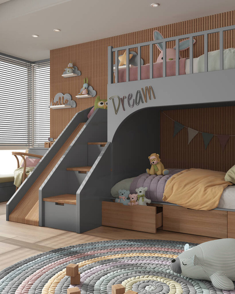 Затишна дерев'яна дитяча спальня з двоярусними ліжками в сірих і пастельних тонах, ковдрами і подушками, вікно з венеціанськими шторами, диван, стіл зі стільцем, килим, іграшки та декори. Дизайн інтер'єру
 - Фото, зображення