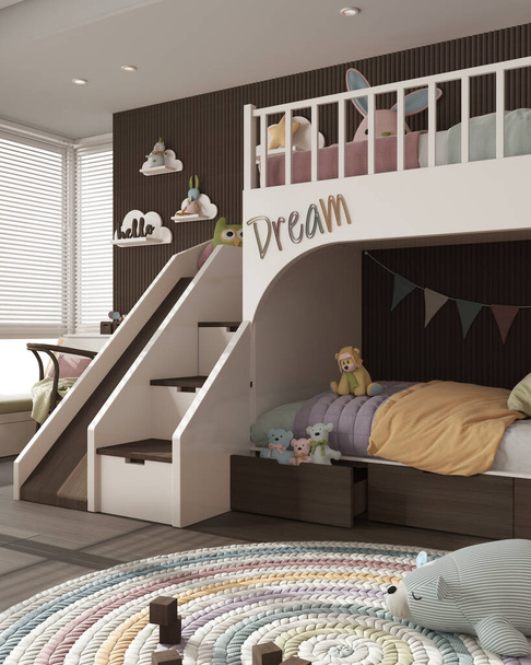 Útulná dřevěná dětská ložnice s palandou v tmavých a pastelových tónech, přikrývka a polštáře, okno s žaluziemi, pohovka, stůl s židlí, koberec, hračky a dekorace. Návrh interiéru - Fotografie, Obrázek