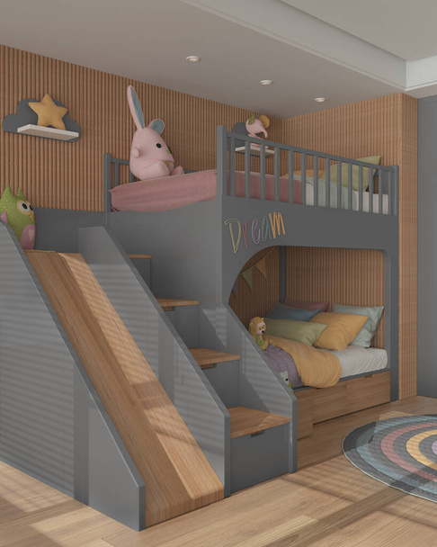 Moderne houten kinderslaapkamer in grijze en pasteltinten, stapelbed met ladder en glijbaan, kussens en dekbed, parketvloer, rond tapijt met speelgoed en decors. Interieur ontwerpconcept - Foto, afbeelding