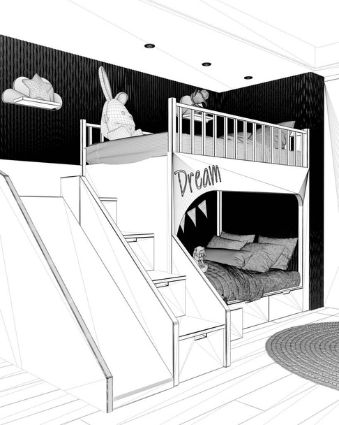 Blueprint project draft, modern wooden children bedroom, bunk bed with ladder and slide, pillows and duvet, parquet floor, round carpet with toys and decors. Interior design concept - Photo, Image