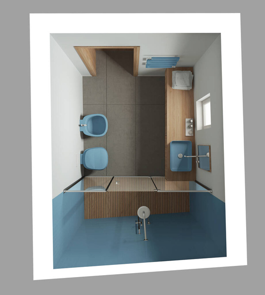 Minimalist bathroom in blue and wooden tones, concrete tiles floor, large shower, washbasin with mirror, ceramic toilet and bidet. Top view, plan, above. Modern interior design - Fotó, kép