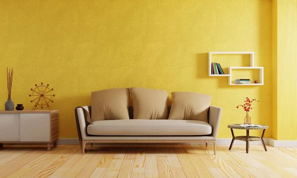 Modernes Wohnzimmer im Gelbton-Stil Hintergrund. Innen- und Architekturkonzept. 3D-Darstellung - Foto, Bild