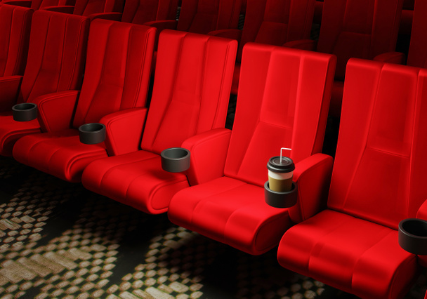Rijen van rode fluwelen stoelen kijken films in de bioscoop met kopieerruimte banner achtergrond. Entertainment en Theater concept. 3D illustratie rendering - Foto, afbeelding