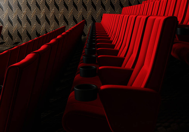 Γραμμές από κόκκινα βελούδινα καθίσματα βλέποντας ταινίες στον κινηματογράφο με φόντο banner αντίγραφο χώρου. Ψυχαγωγία και θέατρο έννοια. 3D απεικόνιση απόδοση - Φωτογραφία, εικόνα
