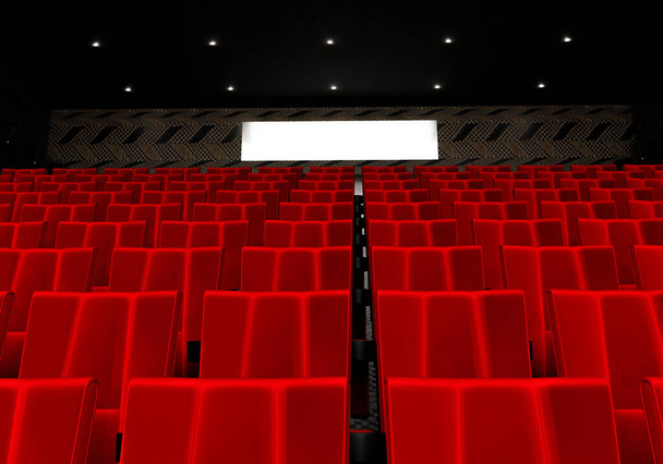 Rzędy czerwonych aksamitnych foteli oglądających filmy w kinie z kopią kosmicznego banera w tle. Koncepcja rozrywki i teatru. Ilustracja 3D renderowania - Zdjęcie, obraz