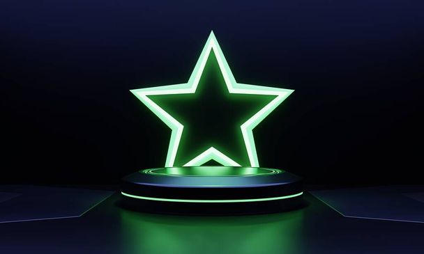 現代の製品は、緑色の輝くネオン星の形の背景を持つSF表彰台を示しています。テクノロジーとオブジェクトの概念。3Dイラストレンダリング - 写真・画像