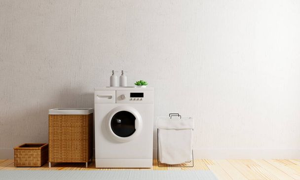 Lavadora en la cocina con espacio para copiar. concepto de lavandería e interior. Visualización de ilustración 3D - Foto, imagen