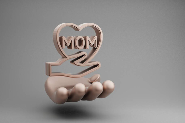 Beautiful abstract illustrations Golden Hand Holding hand heart with word MOM symbol icon on a gray background. 3d rendering illustration. Background pattern for design. Mothers Day. - 写真・画像