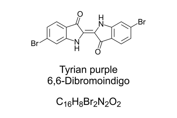 Tyrian purple, 6,6-Dibromoindigo, chemical formula and structure. Also Phoenician red, royal purple, or imperial dye. Reddish-purple natural dye, and secretion of Murex snails, used in ancient times. - Vektor, kép