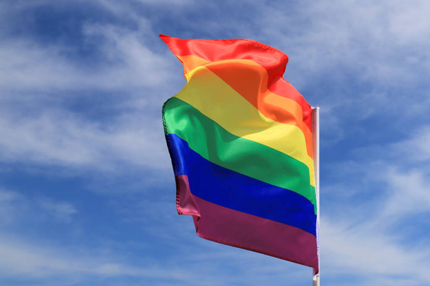 曇りの空に手を振ってLGBT組織の現実的な虹の旗。LGBTのプライドフラグには、レズビアン、ゲイ、バイセクシャル、トランスジェンダーなどが含まれます。. - 写真・画像