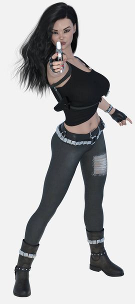 Full length portrait of Nico, a young beautiful femme fatale woman in an action pose standing shooting or aiming a gun at the camera as her black hair blows in the wind on an isolated white background. Nico is a 3D illustration character model render - Foto, afbeelding