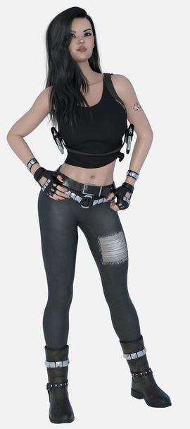 Full length portrait of Nico, a young beautiful woman with black hair standing casually on an isolated white background. Nico is a 3D illustration character model render wearing denim jeans and a black cropped top with gun holsters. - Photo, Image