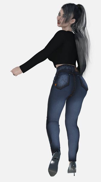 Full body portrait of Nico, a young beautiful black-haired woman terrified scared afraid running away being chased and looking over her shoulder on an isolated white background. Nico is a 3D illustration character model render. - 写真・画像