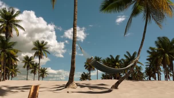Nyár, tenger, strand a trópusokon pálmafákkal, függőágy és egy csónak. - Felvétel, videó