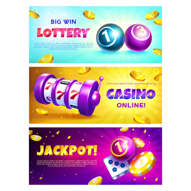 Lottery banners with realistic balls, slot machine and casino chips - Vetor, Imagem