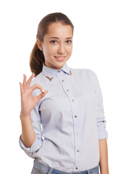 Happy smiling business woman with ok hand sign - 写真・画像