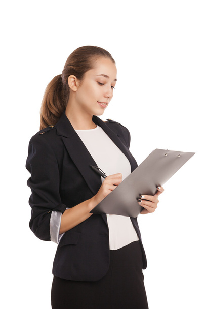 Smiling business woman with paper folder isolated - Foto, Bild