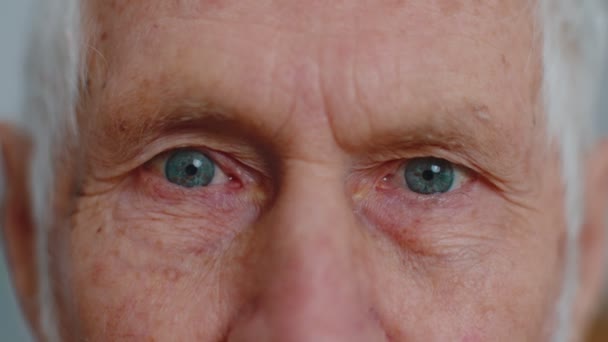 Extreme close-up macro portrait of wrinkled face, old senior beautiful mans eyes looking at camera - Imágenes, Vídeo