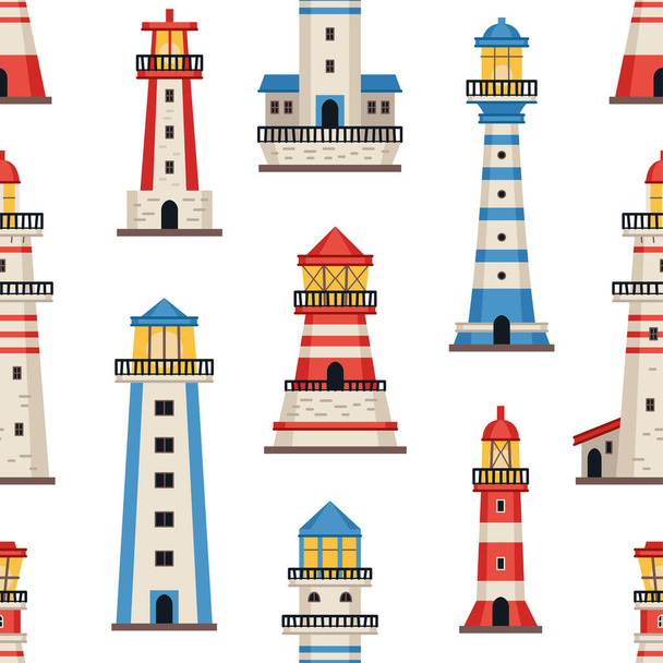 Vector flat style lighthouses with searchlight, marine theme seamless pattern - Vecteur, image