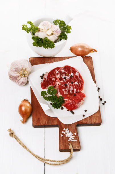 Red meat and species over white background - Photo, Image