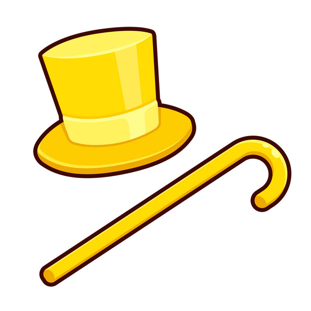 Yellow top hat and cane. Queima das Fitas (Portuguese for Ribbon Burning) traditional student festival symbols. Cartoon vector clip art illustration. - Vektor, Bild