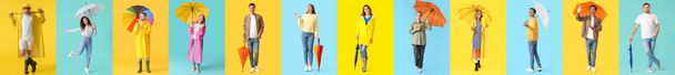 Set of many people with umbrellas on colorful background - Foto, imagen
