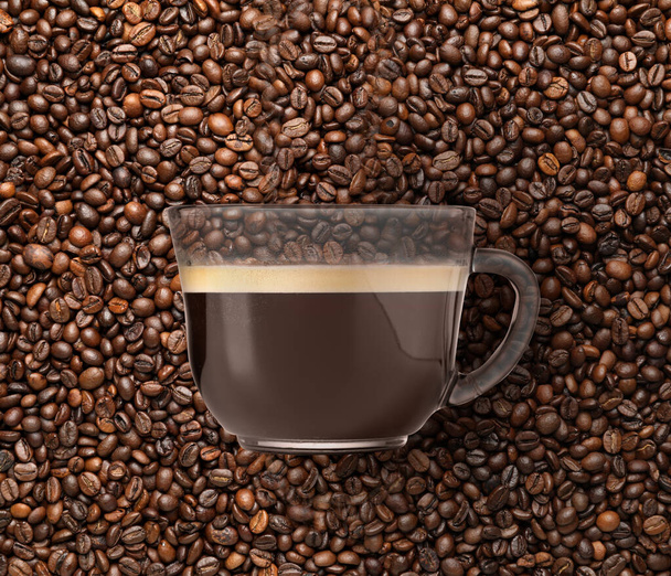 Cup of hot coffee against roasted beans - Foto, Bild